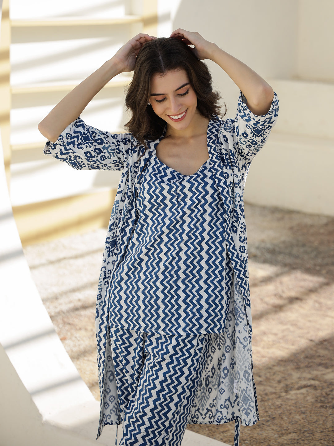 Set of 3 Geometric Print Night Suit - SanskrutiHomes 