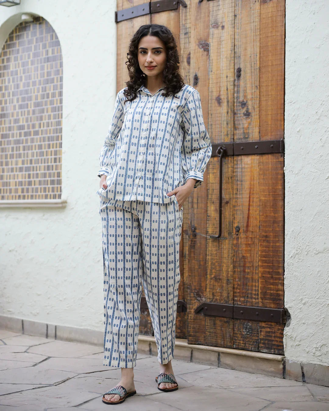 Blue dotted row Cotton Night SUIT - SanskrutiHomes 