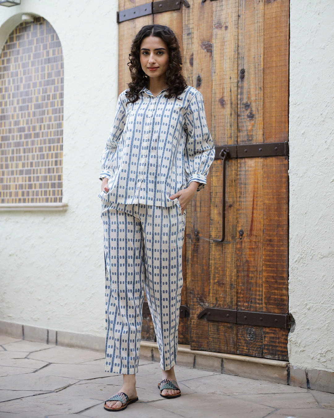 Blue Dotted Printed Shirt Collar Cotton Pyjama Night Suit For Women