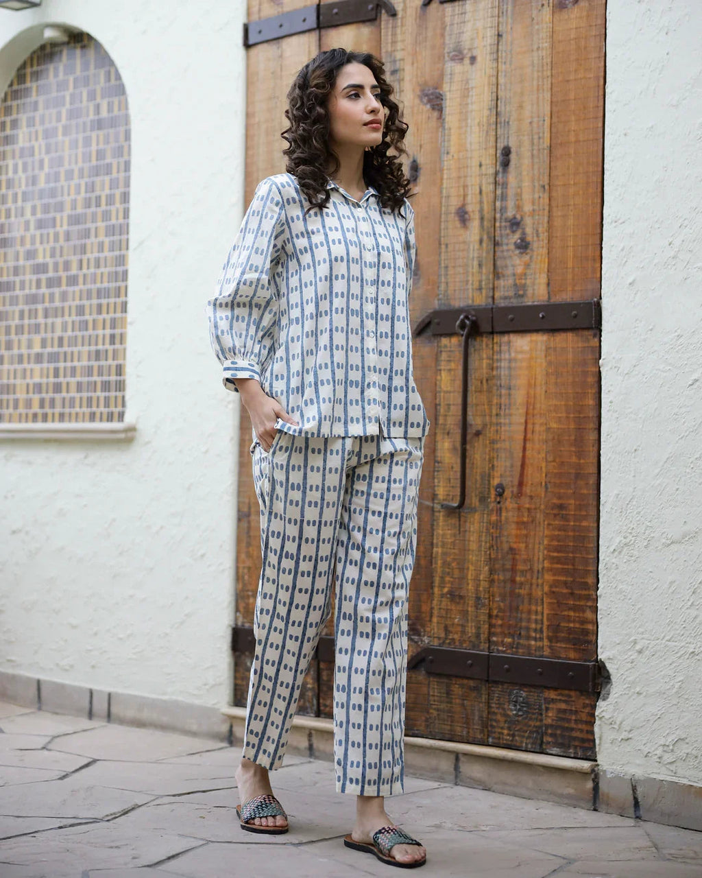 Blue dotted row Cotton Night SUIT - SanskrutiHomes 