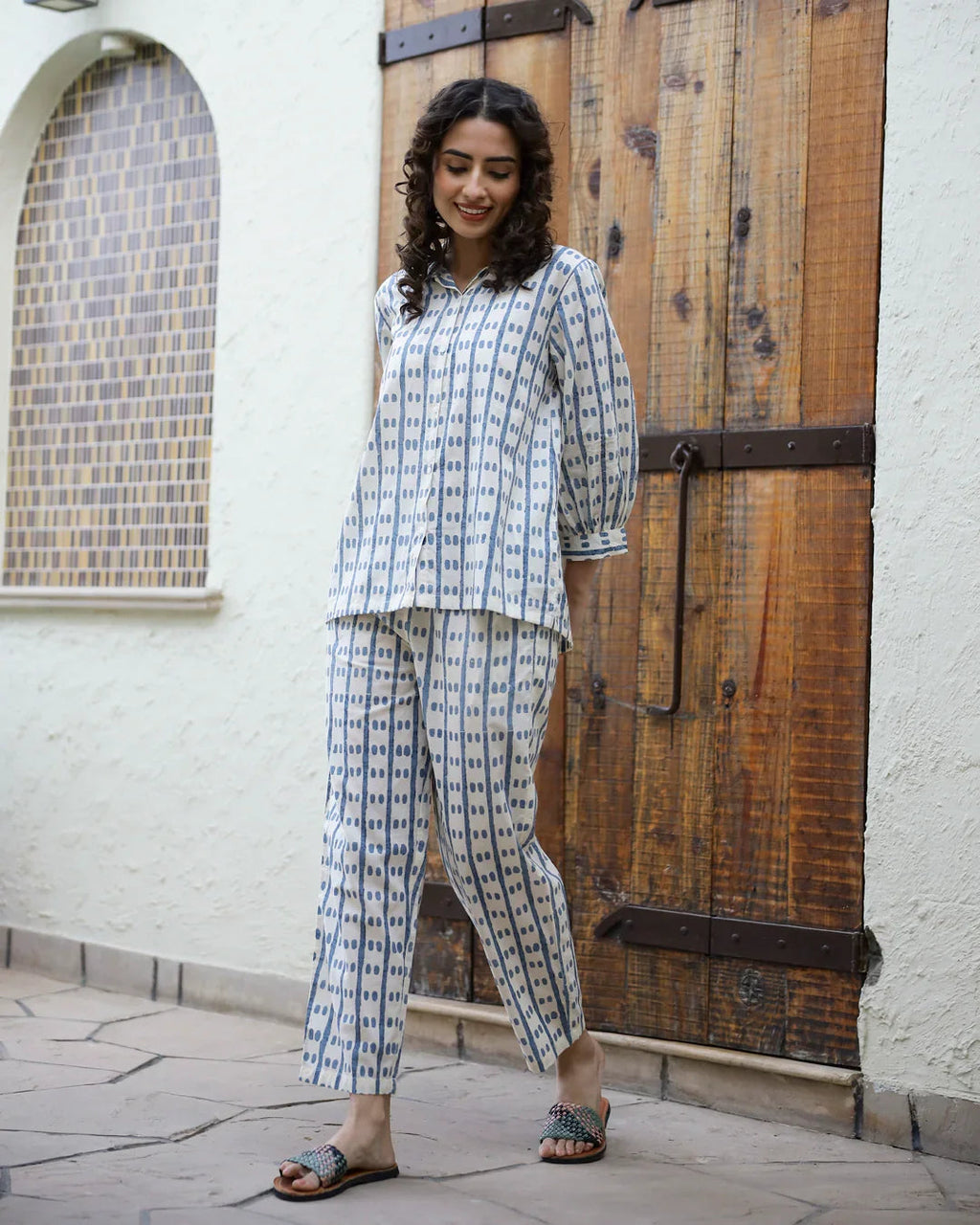 Blue dotted row Cotton Night SUIT - SanskrutiHomes 