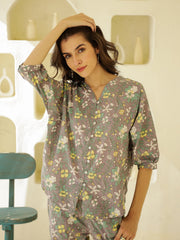 Grey V-Neck Cotton Co-ords Set - SanskrutiHomes 