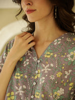 Grey V-Neck Cotton Co-ords Set - SanskrutiHomes 