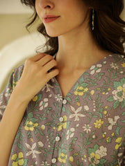 Grey V-Neck Cotton Co-ords Set - SanskrutiHomes 