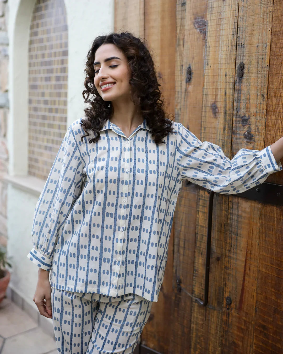 Blue dotted row Cotton Night SUIT - SanskrutiHomes 