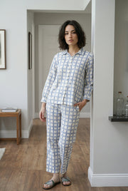 Grey Geometric Print Shirt Collar Pure Cotton Night Suit For Women