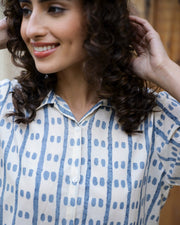 Blue Dotted Printed Shirt Collar Cotton Pyjama Night Suit For Women