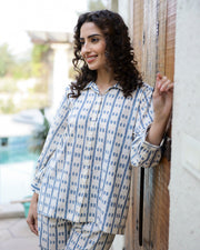 Blue Dotted Printed Shirt Collar Cotton Pyjama Night Suit For Women