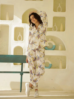 White Floral Print Shirt Collar Cotton Co-Ords Set For Women