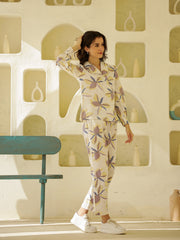 White Floral Print Shirt Collar Cotton Co-Ords Set For Women