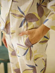 White Floral Print Shirt Collar Cotton Co-Ords Set For Women