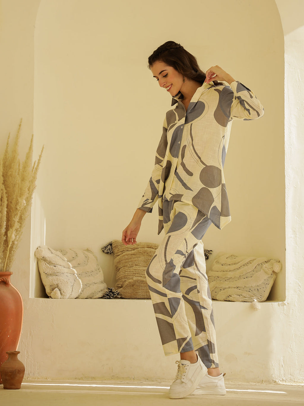 Beige Color Printed Cotton Co-ords Set - SanskrutiHomes 