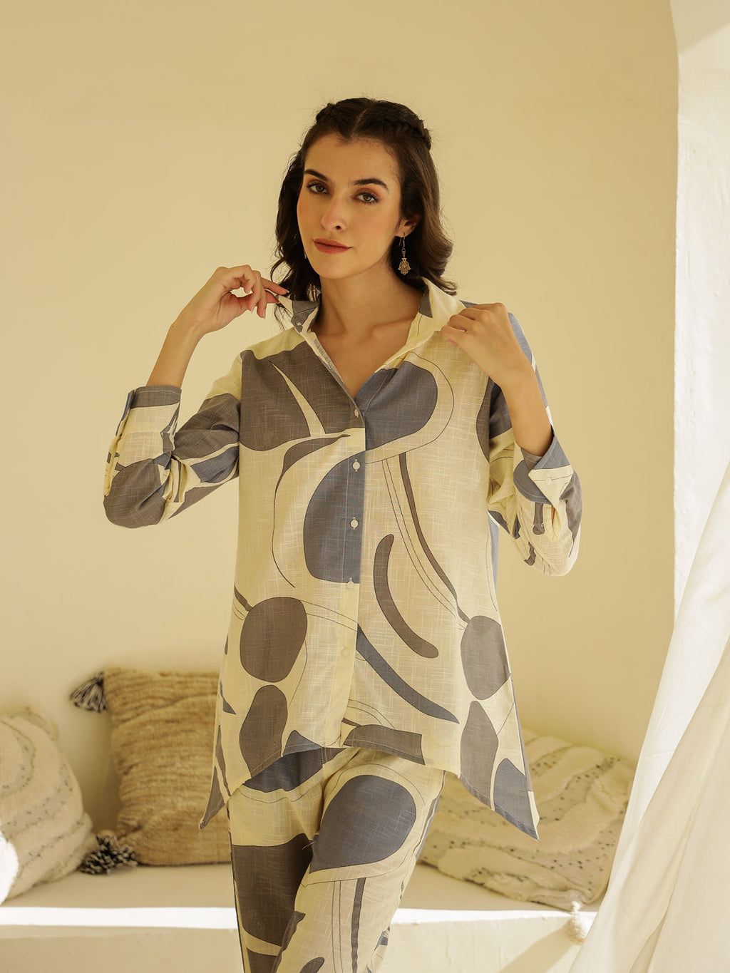 Beige Color Printed Cotton Co-ords Set - SanskrutiHomes 