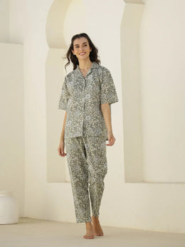 Cream Color Floral Printed Night Suit - SanskrutiHomes 