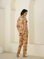 Brown Floral Printed Cotton Night Suit for Women - SanskrutiHomes 