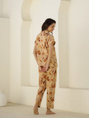 Brown Floral Printed Cotton Night Suit for Women - SanskrutiHomes 