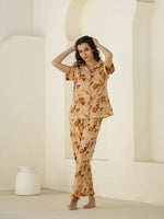 Brown Floral Printed Cotton Night Suit for Women - SanskrutiHomes 