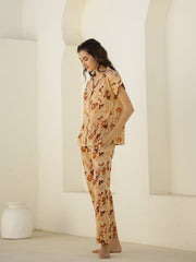Brown Floral Printed Cotton Night Suit for Women - SanskrutiHomes 