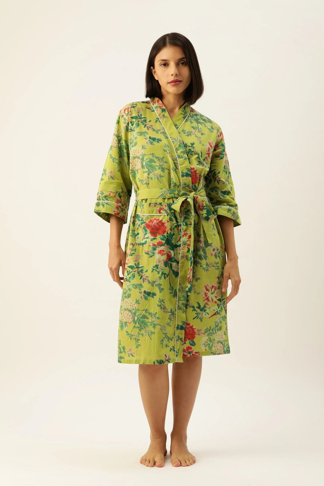 Green Pure Cotton hand printed kimono robe - SanskrutiHomes 