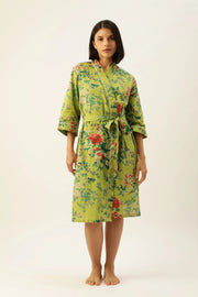 Green Pure Cotton hand printed kimono robe - SanskrutiHomes 