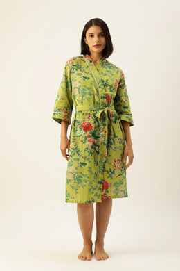 Green Pure Cotton hand printed kimono robe - SanskrutiHomes 