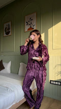 Purple Color Shirt Collar Velvet Night Set for Women - SanskrutiHomes 