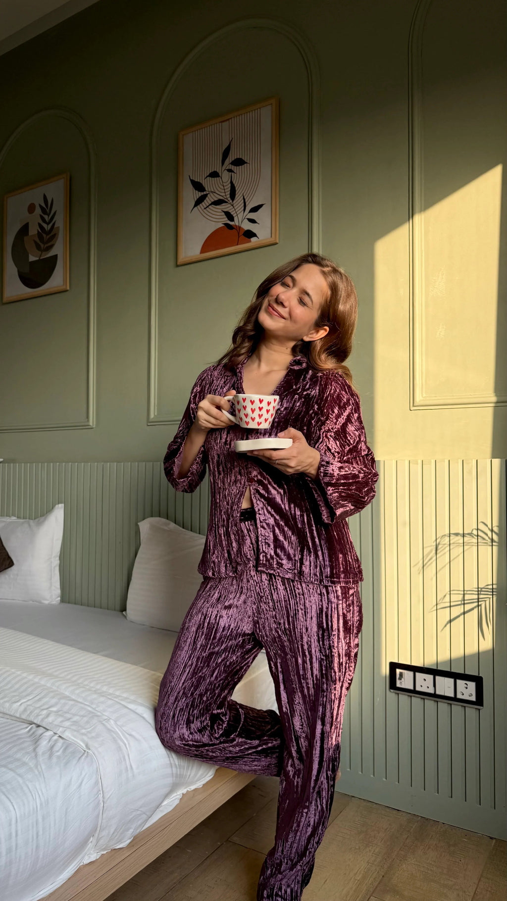 Purple Color Shirt Collar Velvet Night Set for Women - SanskrutiHomes 