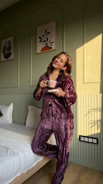 Purple Color Shirt Collar Velvet Night Set for Women - SanskrutiHomes 