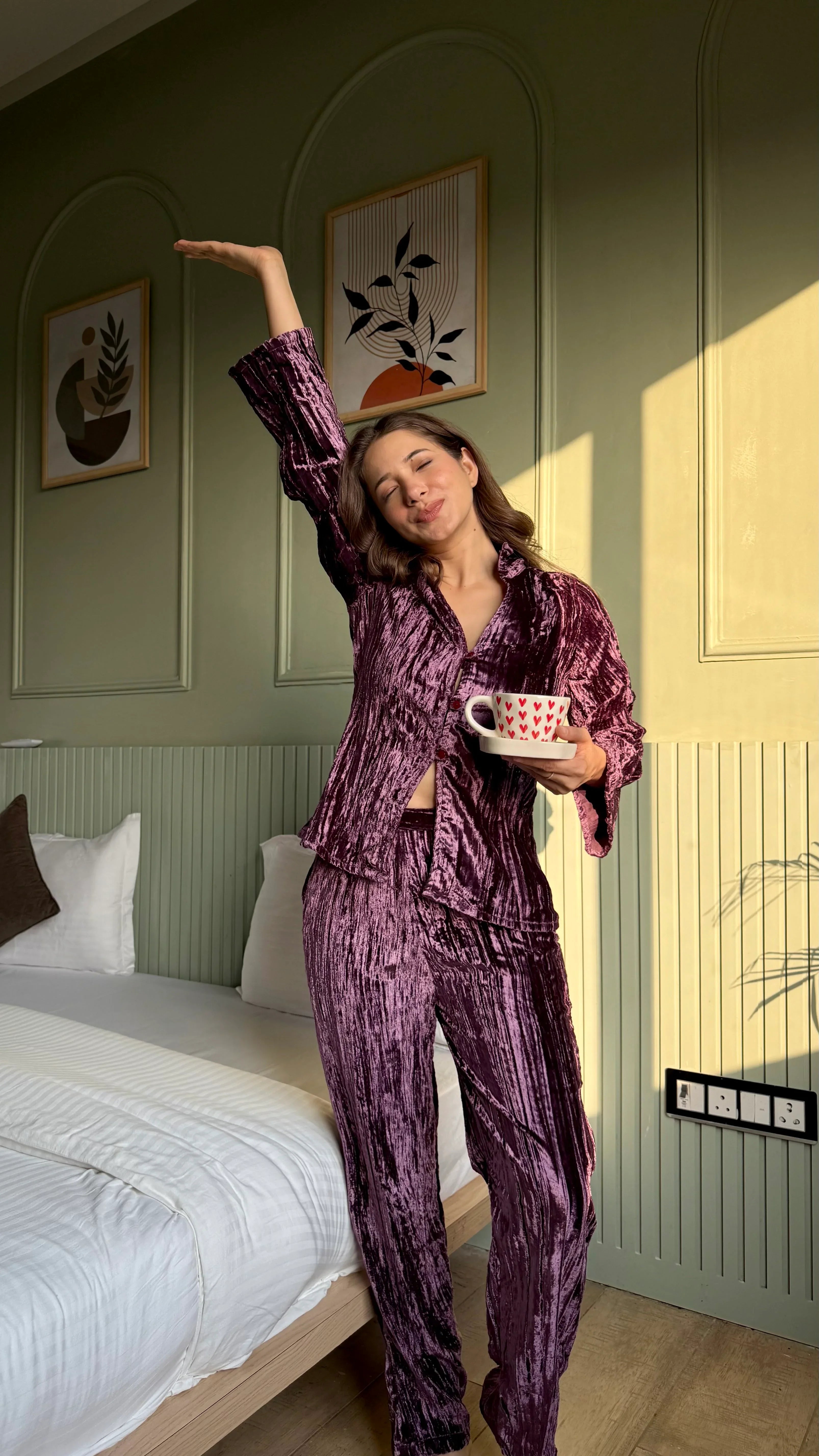 Purple Color Shirt Collar Velvet Night Set for Women - SanskrutiHomes 