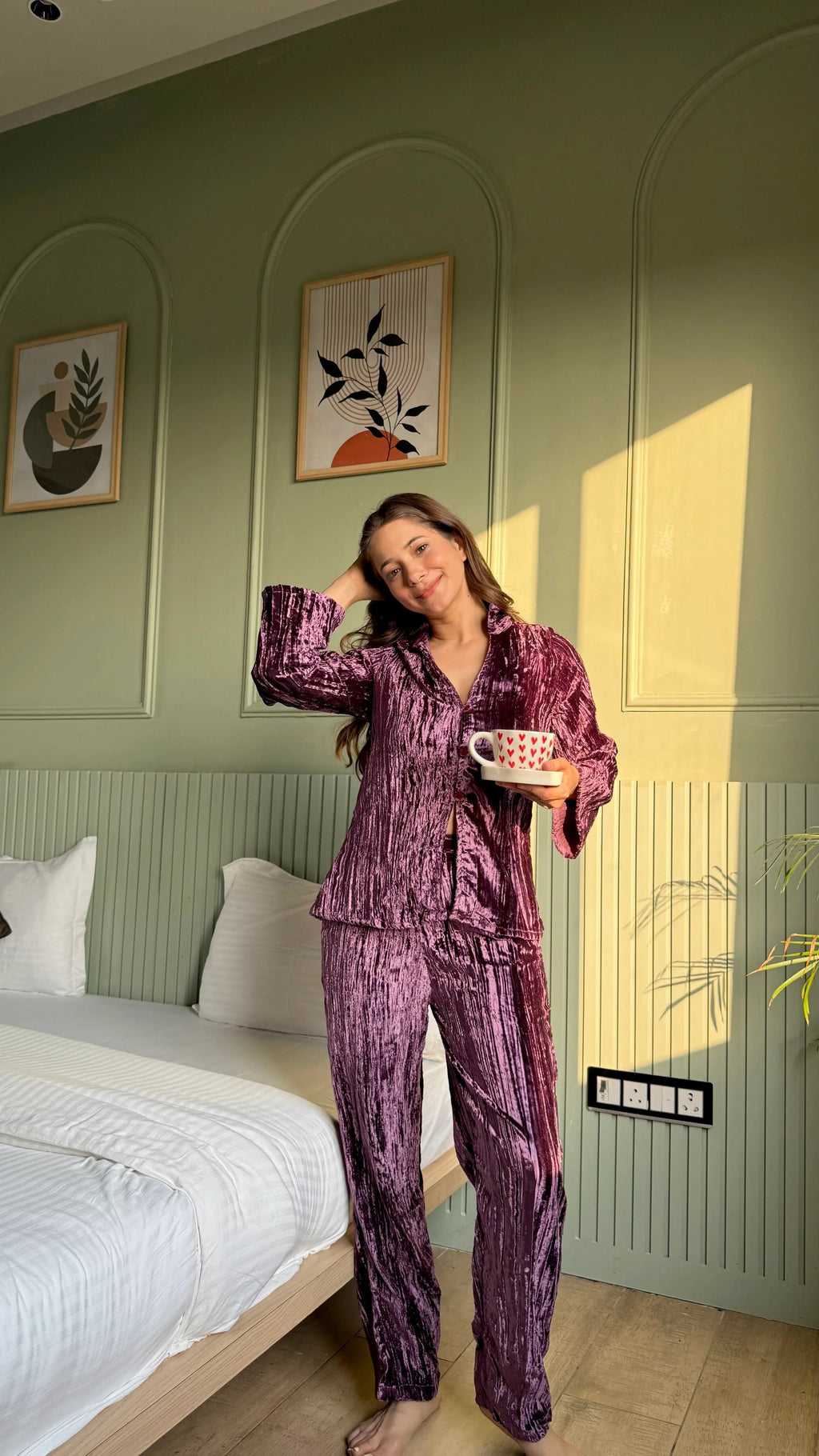 Purple Color Shirt Collar Velvet Night Set for Women - SanskrutiHomes 