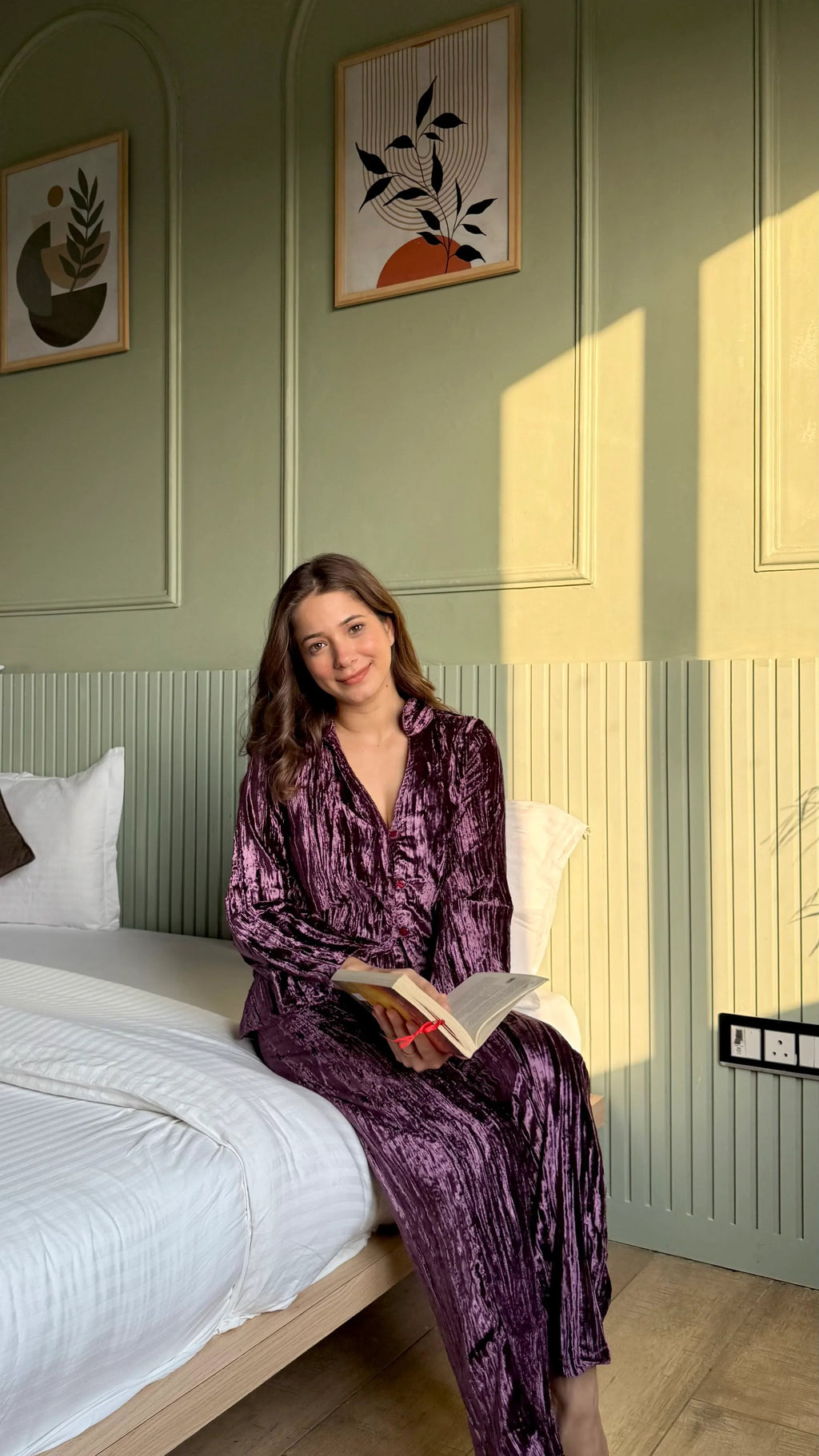 Purple Color Shirt Collar Velvet Night Set for Women - SanskrutiHomes 