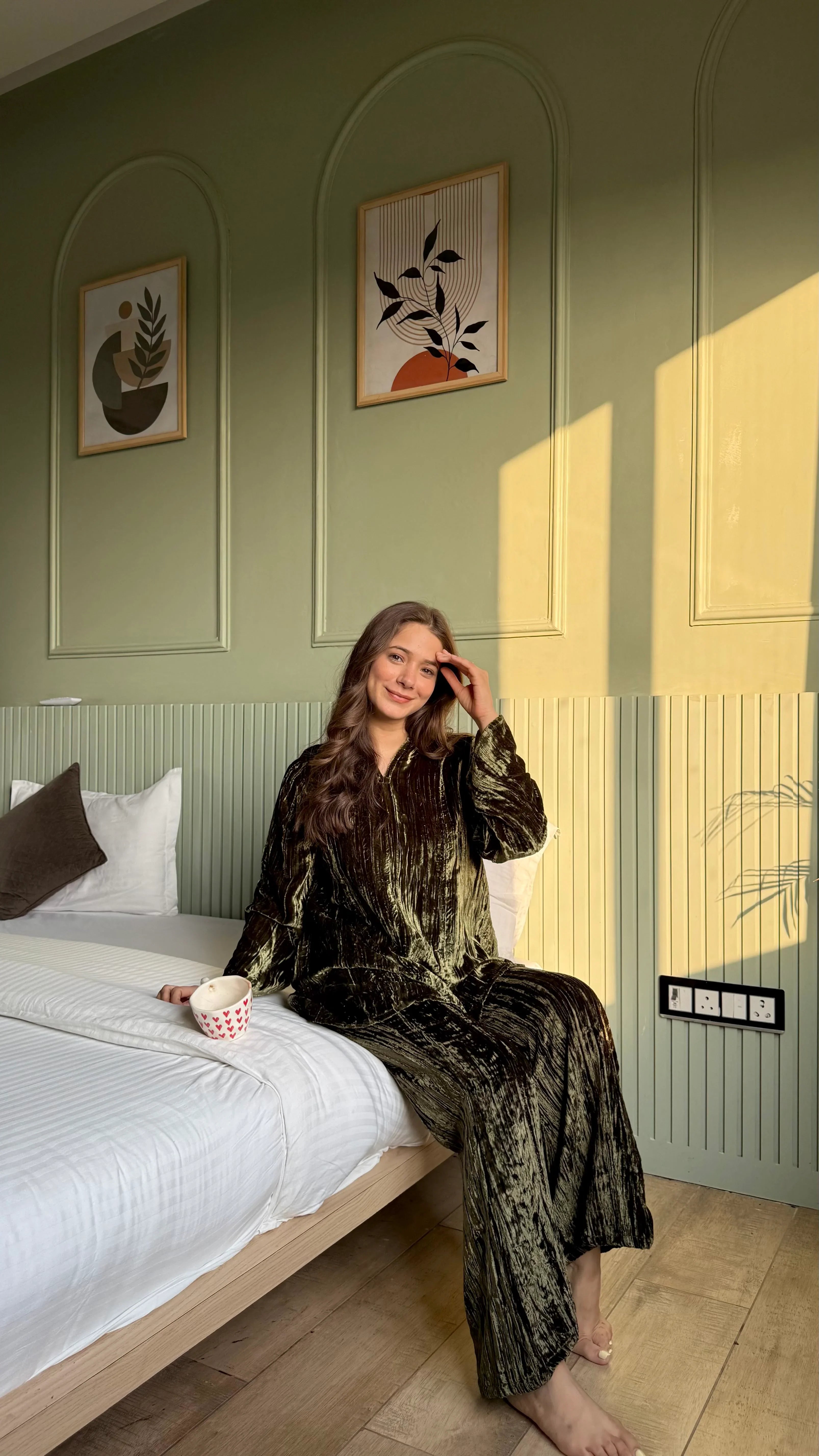 Olive Color V-Neck Night Suit Set for Women - SanskrutiHomes 