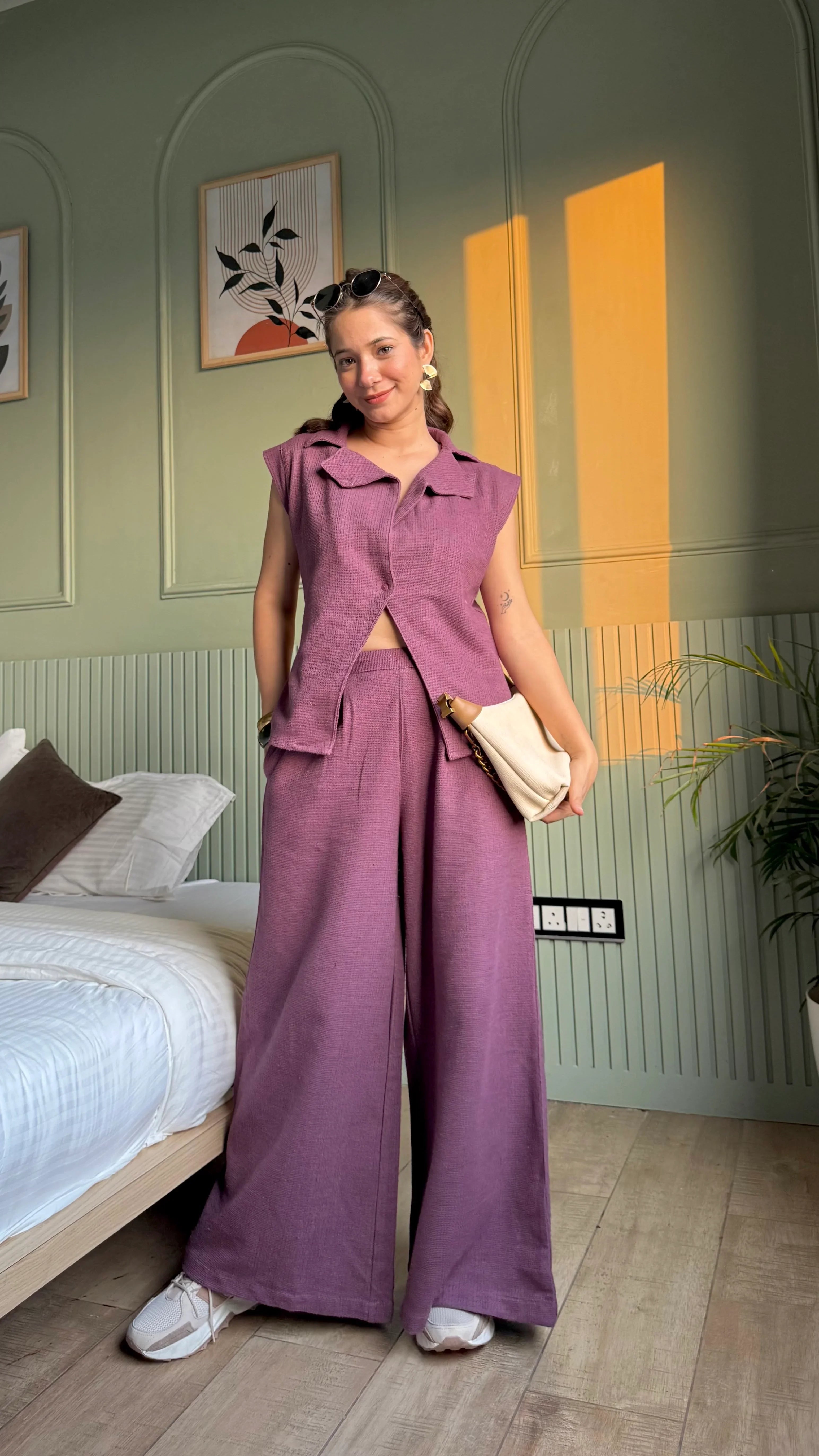 Magenta Shawl Neck Cotton Blend Solid Co-ords Set - SanskrutiHomes 