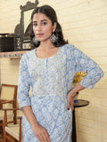Blue Flower Printed Round Neck Cotton Kurta Set - SanskrutiHomes 