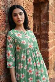 Green Floral Print Round Neck Pure Cotton Nightdress For Women