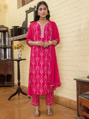 Pink Flower Printed V Neck Cotton Kurta Set - SanskrutiHomes 
