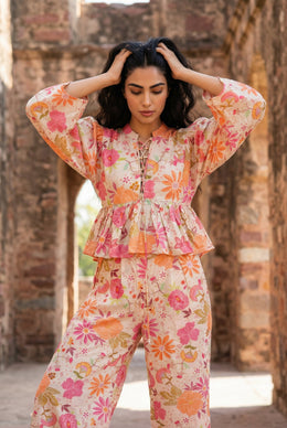Multicolor Floral Print Muslin Co-Ord Set For Women