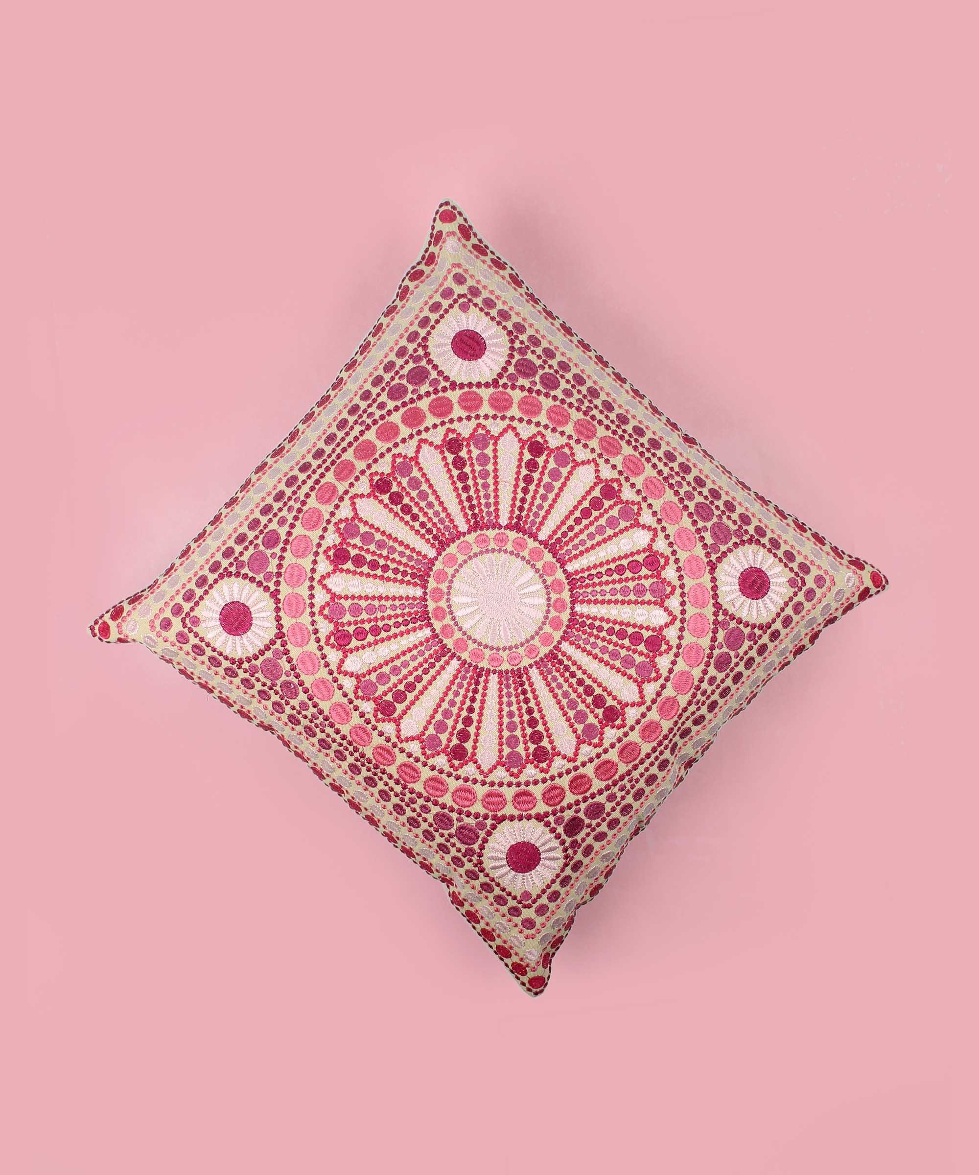 Hand Embroidered Cotton Multicolor Cushion Cover - SanskrutiHomes 