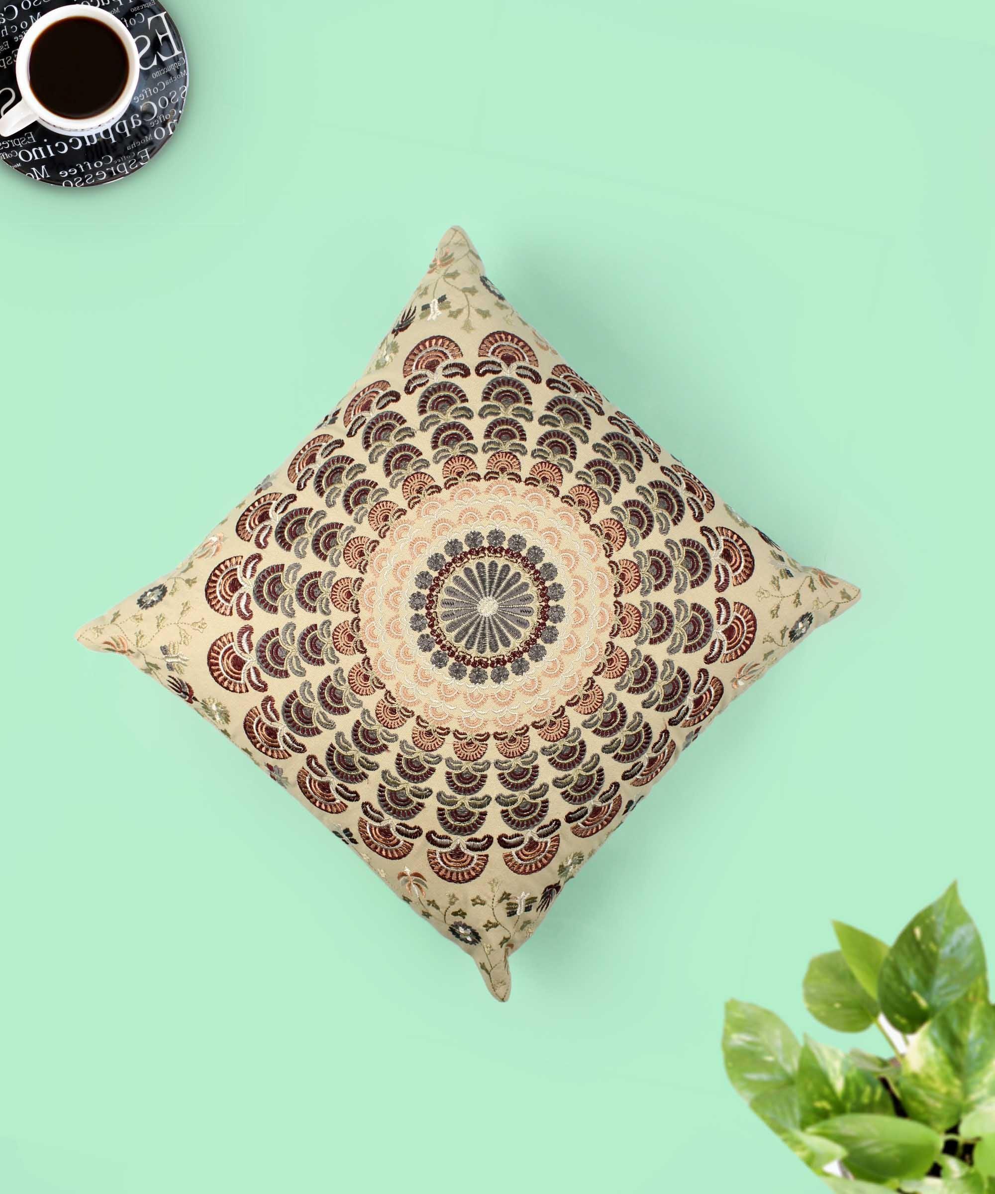 Hand Embroidered Cotton Multicolor Cushion Cover - SanskrutiHomes 