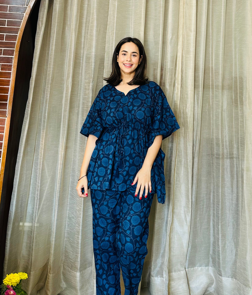Women Navy Blue Floral Printed Cotton Kaftan with Pyjama - SanskrutiHomes 