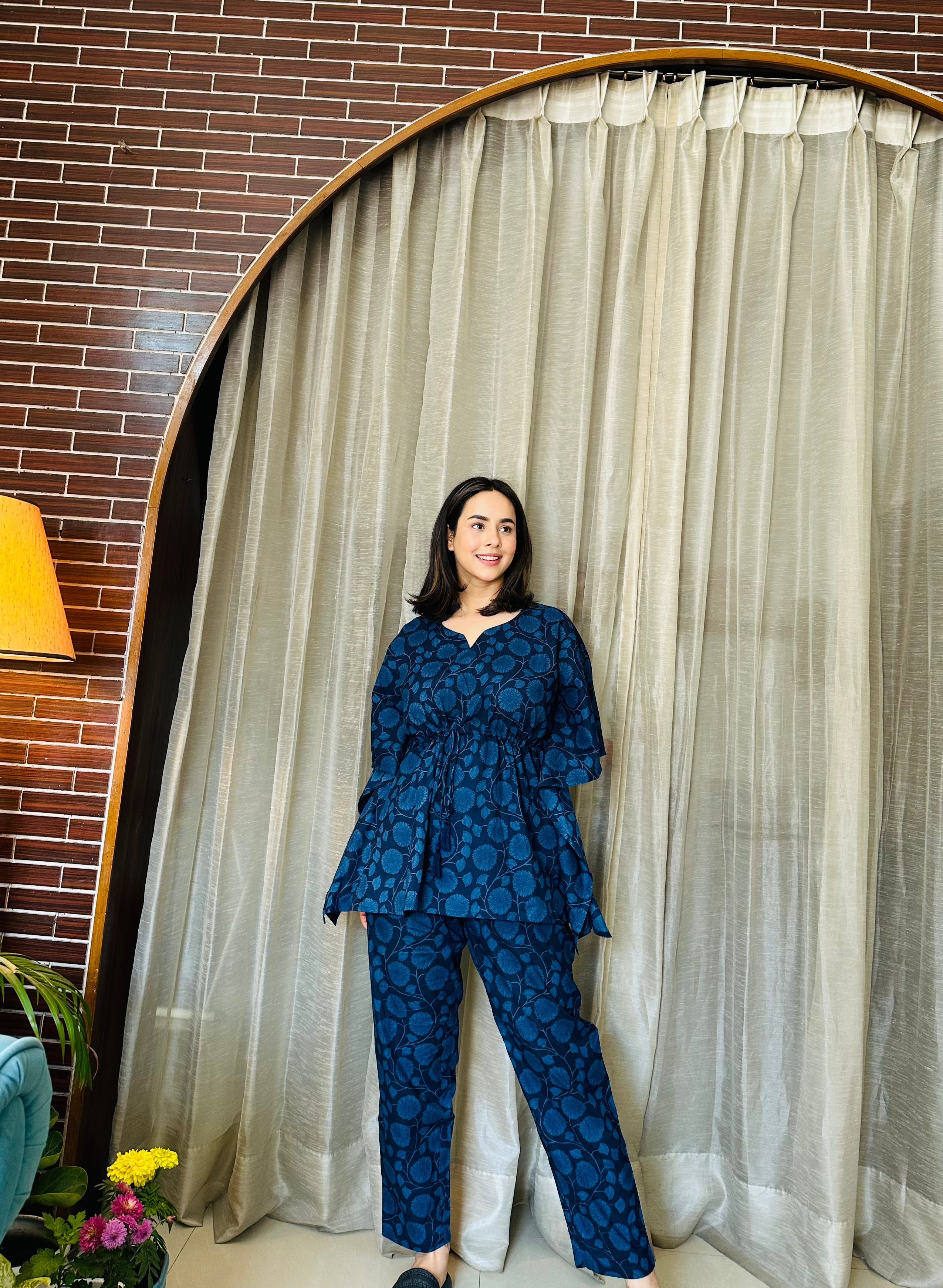 Women Navy Blue Floral Printed Cotton Kaftan with Pyjama - SanskrutiHomes 