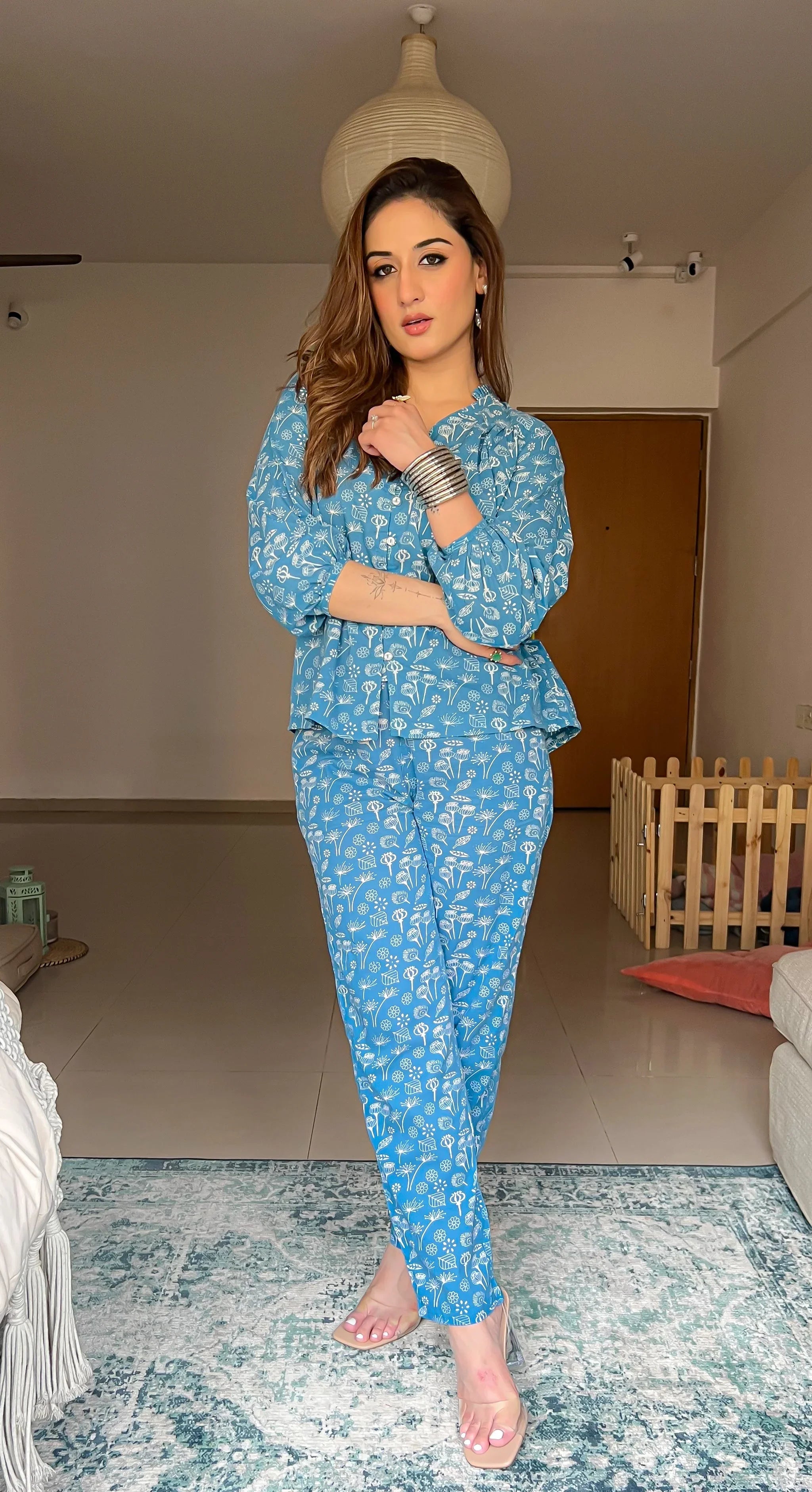 Blue Leaf Cotton Night SUIT - SanskrutiHomes 