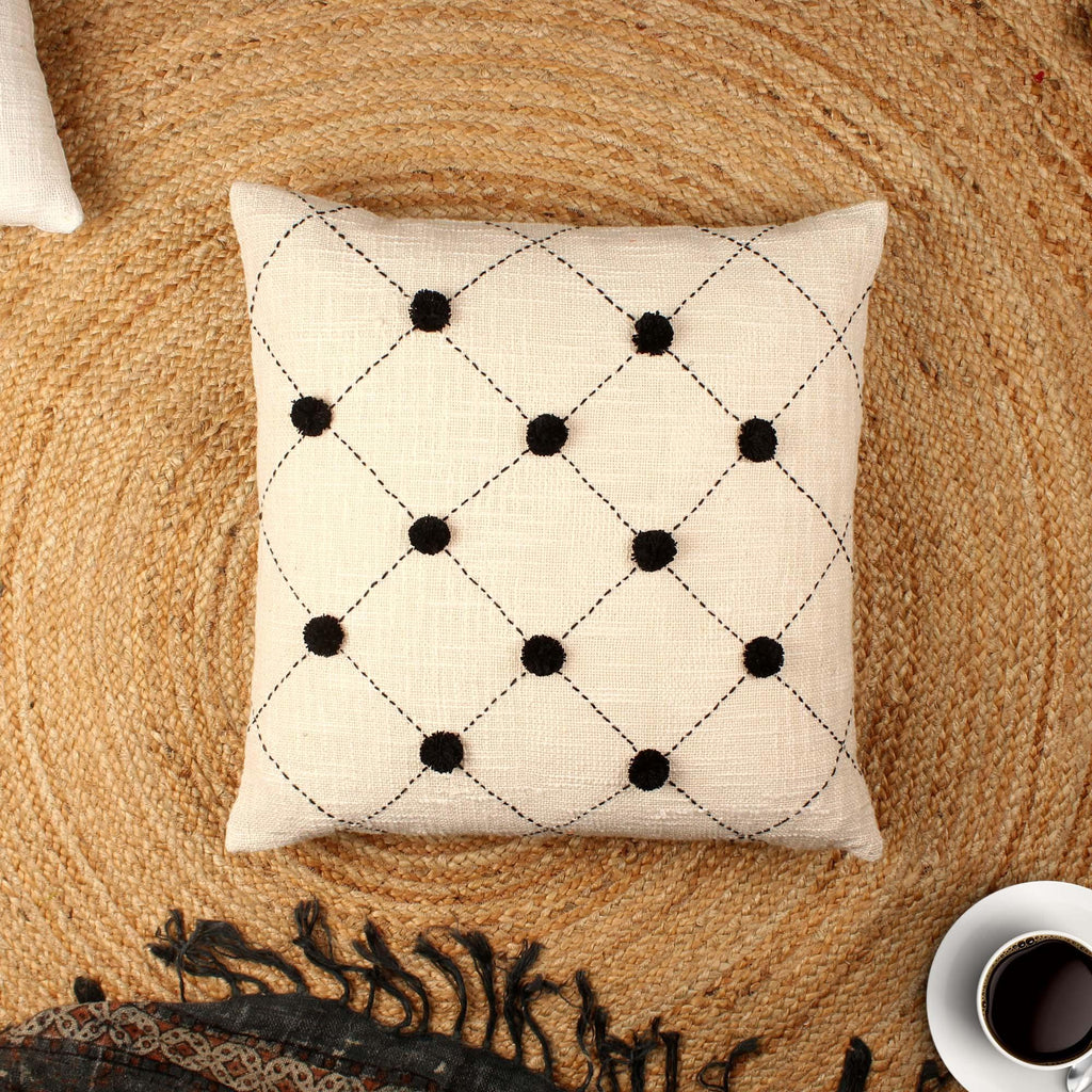Off white pom-pom Hand-made Pure Cotton Cushion Cover - SanskrutiHomes 