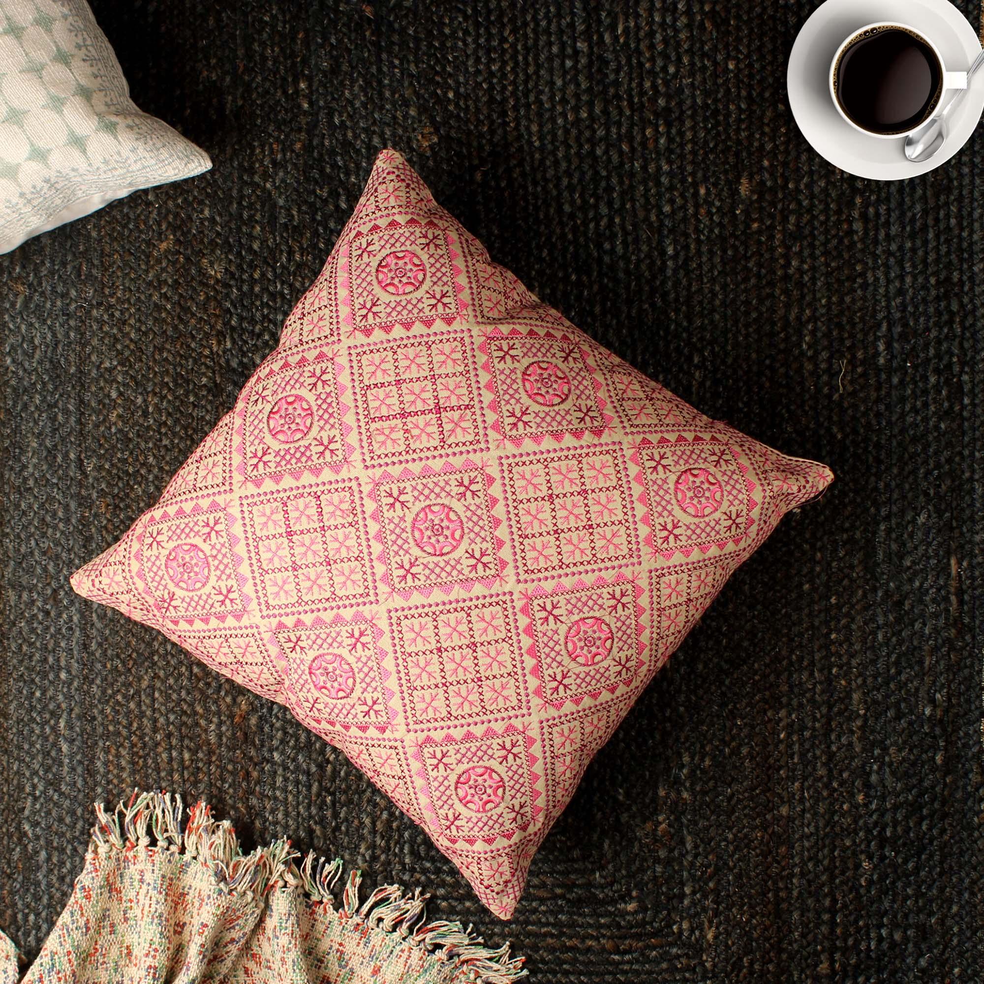 Pink Hand-made Cotton Cushion Cover - SanskrutiHomes 