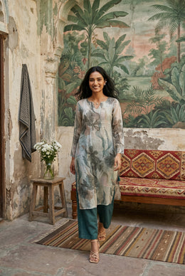 Green Floral Print Round Neck Kurta With Palazzo Set For Women