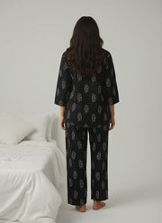 Black Printed Viscose Rayon Round Neck night suit for women - SanskrutiHomes 