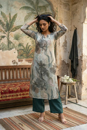 Green Floral Print Round Neck Kurta With Palazzo Set For Women