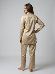 Beige Lapel Collar Solid Print Pure Silk Night Suit For Women