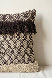 Brown Geometric Squared Cotton Cushion Cover With Tassel Detailing