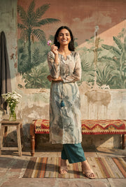 Green Floral Print Round Neck Kurta With Palazzo Set For Women